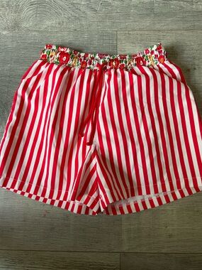 Sal & Pimenta Boys Boutique Swim Trunks Size 8 Red White Stripe Floral Waistband